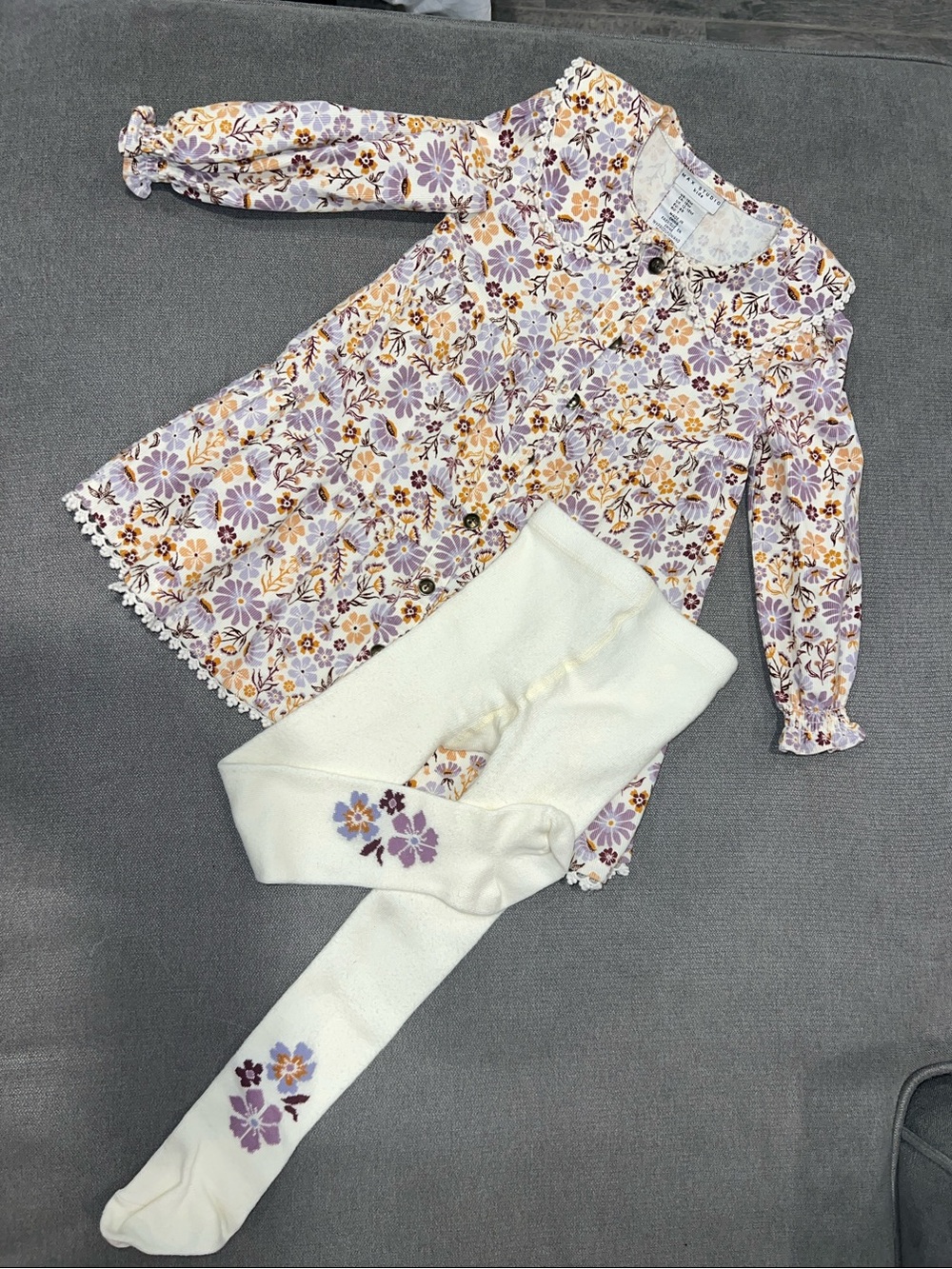 Max Studio Girls Purple and cream Floral Dress with Cream Tights